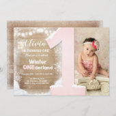 Winter Onederland Roze Sneeuwvlok Meisje 1e verjaa Kaart (Voorkant / Achterkant)