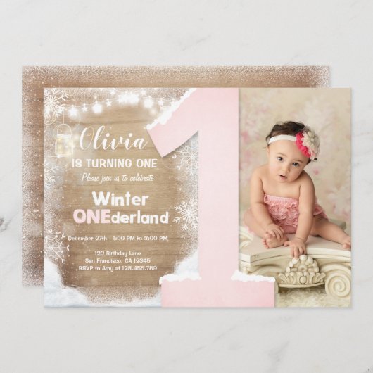 Winter Onederland Roze Sneeuwvlok Meisje 1e verjaa Kaart (Voorkant / Achterkant)