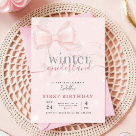 Winter Onederland Roze Sneeuwvlok Strik 1e Verjaar Kaart