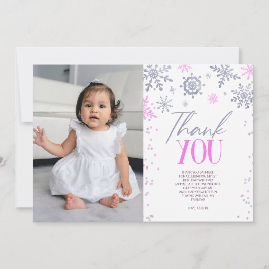 Winter ONEderland roze sneeuwvlok verjaardagsfeest Bedankkaart (Voorkant)