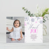 Winter ONEderland roze sneeuwvlok verjaardagsfeest Bedankkaart (Staand voorkant)