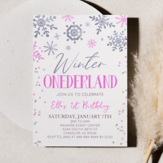 Winter ONEderland roze sneeuwvlok verjaardagsfeest Kaart