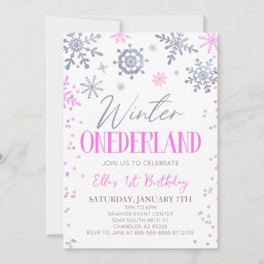 Winter ONEderland roze sneeuwvlok verjaardagsfeest Kaart (Voorkant)