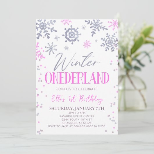 Winter ONEderland roze sneeuwvlok verjaardagsfeest Kaart (Staand voorkant)