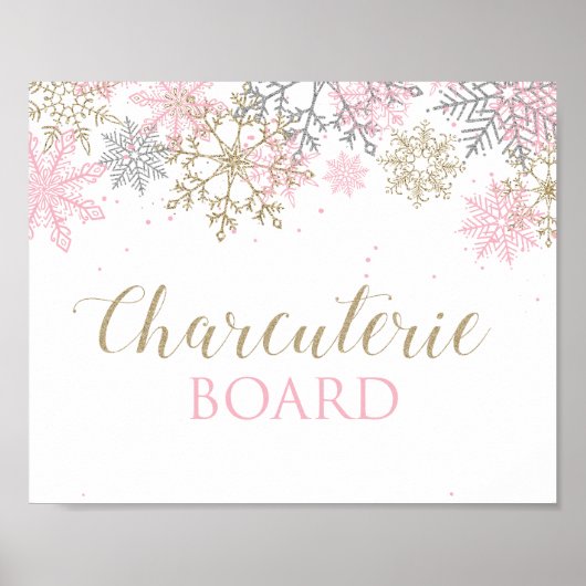 Winter Onederland Roze Snowflake Charcuterie Sign Poster (Voorkant)