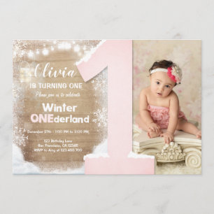 Winter Onederland Roze Snowflake Girl 1ste verjaar Kaart