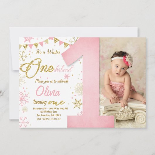 Winter Onederland Roze Snowflake Girl Birthday Kaart (Voorkant)