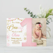 Winter Onederland Roze Snowflake Girl Birthday Kaart (Staand voorkant)