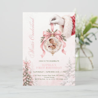 Winter ONEderland Roze Strikje Foto Eerste Verjaar Kaart