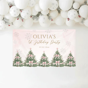 Winter Onederland Roze Strikse Roze Dennsbomen 1e Spandoek