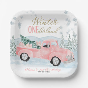 Winter Onederland Roze Truck Eerste Verjaardag Papieren Bordje