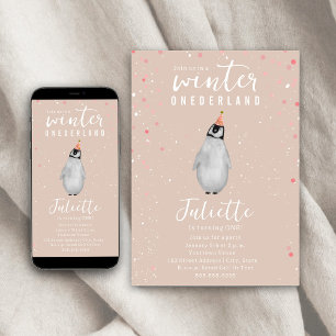 Winter Onederland Roze Verjaardag Pinguïn Confetti Kaart