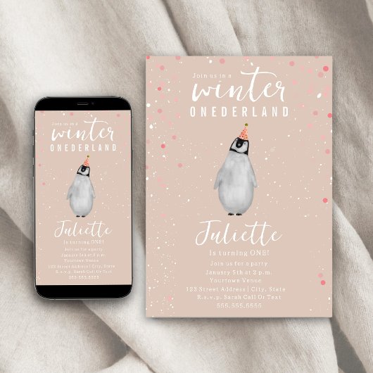 Winter Onederland Roze Verjaardag Pinguïn Confetti Kaart