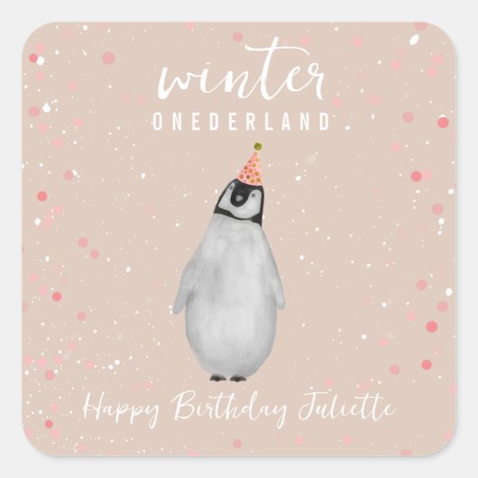 Winter Onederland Roze Verjaardag Pinguïn Confetti Vierkante Sticker (Voorkant)