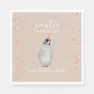 Winter Onederland Roze Verjaardag Pinguïn Verjaard Servet