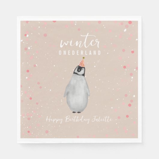Winter Onederland Roze Verjaardag Pinguïn Verjaard Servet (Voorkant)