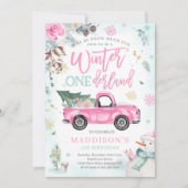 Winter ONEderland Roze Winter Truck Sneeuwman Fees Kaart (Voorkant)