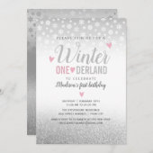 Winter Onederland Roze Zilver 1e verjaardag Kaart (Voorkant / Achterkant)