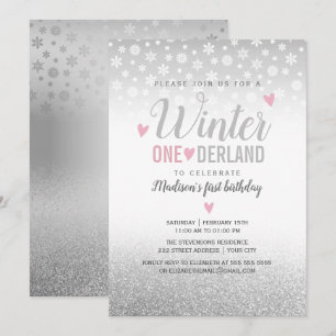 Winter Onederland Roze Zilver 1e Verjaardag Kaart