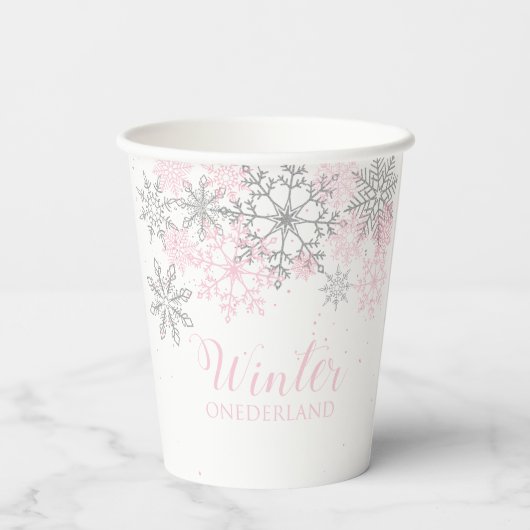 Winter ONEderland roze zilver 1e verjaardag Papieren Bekers (Achterkant)