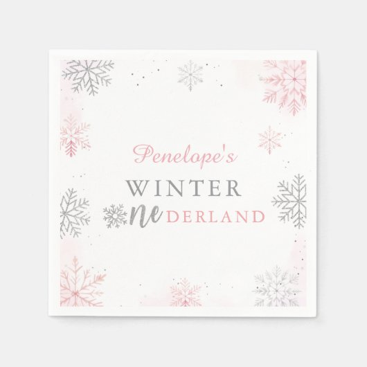 Winter Onederland Roze Zilver 1e verjaardag Servet (Voorkant)