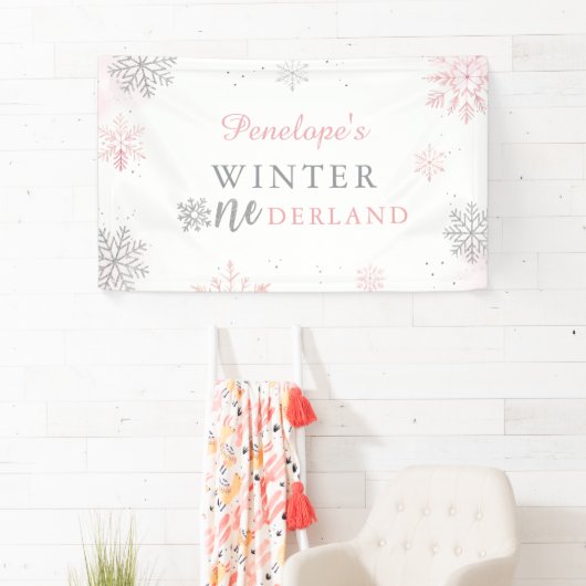 Winter Onederland Roze Zilver 1e verjaardag Spandoek (Insitu)