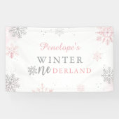 Winter Onederland Roze Zilver 1e verjaardag Spandoek (Horizontaal)