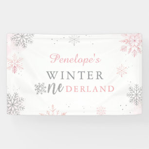 Winter Onederland Roze Zilver 1e verjaardag Spandoek