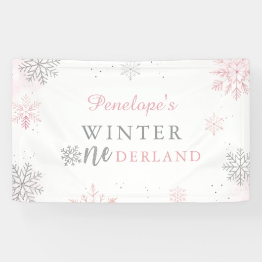 Winter Onederland Roze Zilver 1e verjaardag Spandoek (Horizontaal)