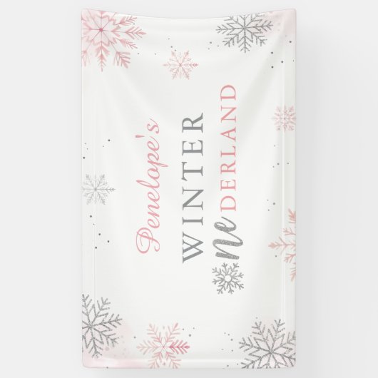Winter Onederland Roze Zilver 1e verjaardag Spandoek (Verticaal)