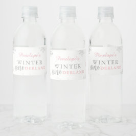 Winter Onederland Roze Zilver 1e verjaardag Waterfles Etiket