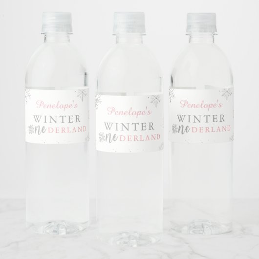 Winter Onederland Roze Zilver 1e verjaardag Waterfles Etiket (Flessen)