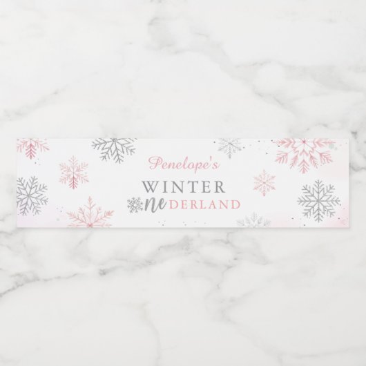 Winter Onederland Roze Zilver 1e verjaardag Waterfles Etiket (Enkel label)