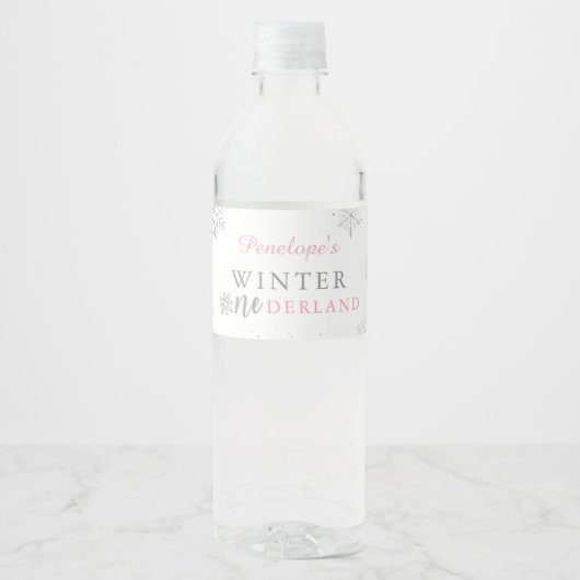 Winter Onederland Roze Zilver 1e verjaardag Waterfles Etiket (Voorkant)