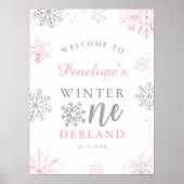 Winter Onederland Roze Zilver 1e Verjaardag Welkom Poster (Voorkant)