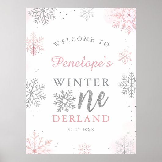 Winter Onederland Roze Zilver 1e Verjaardag Welkom Poster (Voorkant)