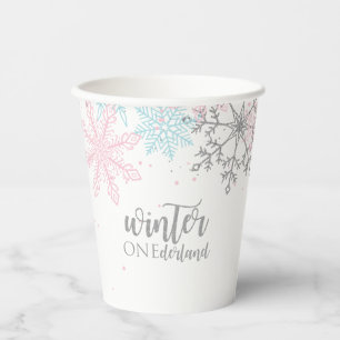 Winter Onederland Roze Zilver Blauw Sneeuwvlokken Papieren Bekers