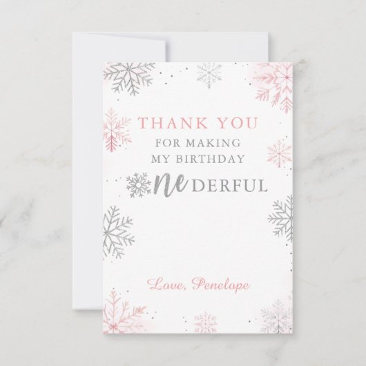 Winter Onederland Roze Zilver Eerste Verjaardag Bedankkaart (Voorkant)