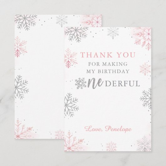 Winter Onederland Roze Zilver Eerste Verjaardag Bedankkaart (Voorkant / Achterkant)