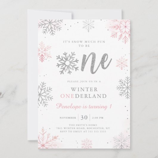 Winter Onederland Roze Zilver Eerste Verjaardag Kaart (Voorkant)