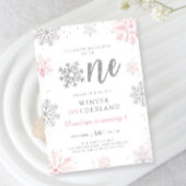 Winter Onederland Roze Zilver Eerste Verjaardag Kaart