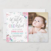 Winter ONEderland Roze Zilver Foto 1e Verjaardag Kaart (Voorkant)