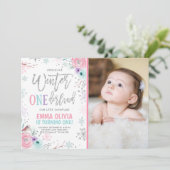 Winter ONEderland Roze Zilver Foto 1e Verjaardag Kaart (Staand voorkant)