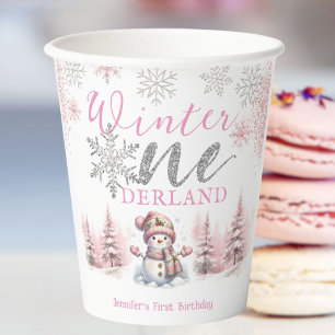 Winter Onederland Roze Zilver Glitter 1e Verjaarda Papieren Bekers