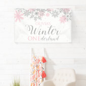 Winter Onederland Roze Zilver Sneeuw Eerste Verjaa Spandoek (Insitu)