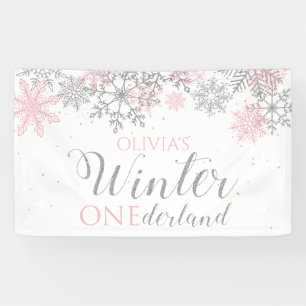 Winter Onederland Roze Zilver Sneeuw Eerste Verjaa Spandoek