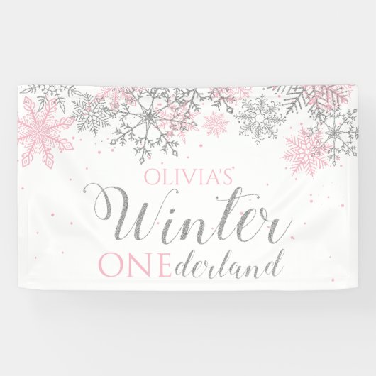 Winter Onederland Roze Zilver Sneeuw Eerste Verjaa Spandoek (Horizontaal)