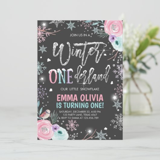 Winter ONEderland roze zilver zwart eerste verjaar Kaart (Staand voorkant)