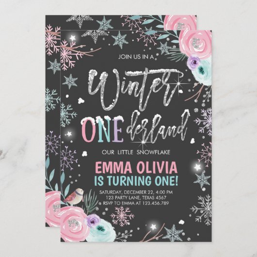 Winter ONEderland roze zilver zwart eerste verjaar Kaart (Voorkant / Achterkant)