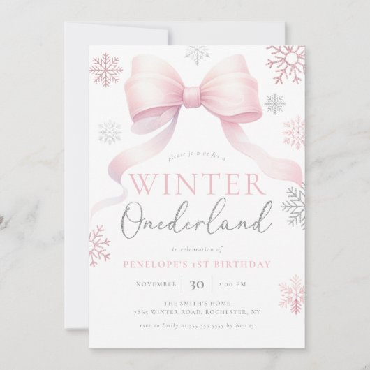 Winter Onederland Roze Zilveren Boog 1e Verjaardag Kaart (Voorkant)